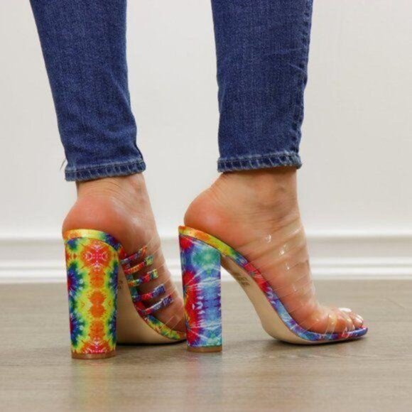 Tie Dye Clear Strappy Chunky Heel Open Toe Sandals - Picture 4 of 8